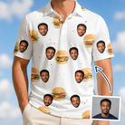 Man wearing Men's Burger Banquet Custom Face Polo Shirt — custom faces printed all-over