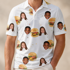 Model wearing Men's Burger Banquet Custom Face Polo Shirt printed with kids' faces