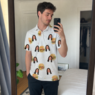 Real-life photo of someone wearing Men's Burger Banquet Custom Face Polo Shirt — custom faces printed all-over