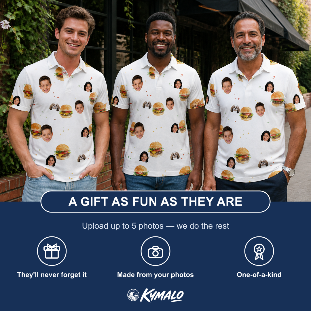 Friends in matching Men's Burger Banquet Custom Face Polo Shirt — a group gift photo