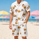 Model wearing Men's Burger Banquet Custom Face Shirt & Shorts Set printed with kids' faces