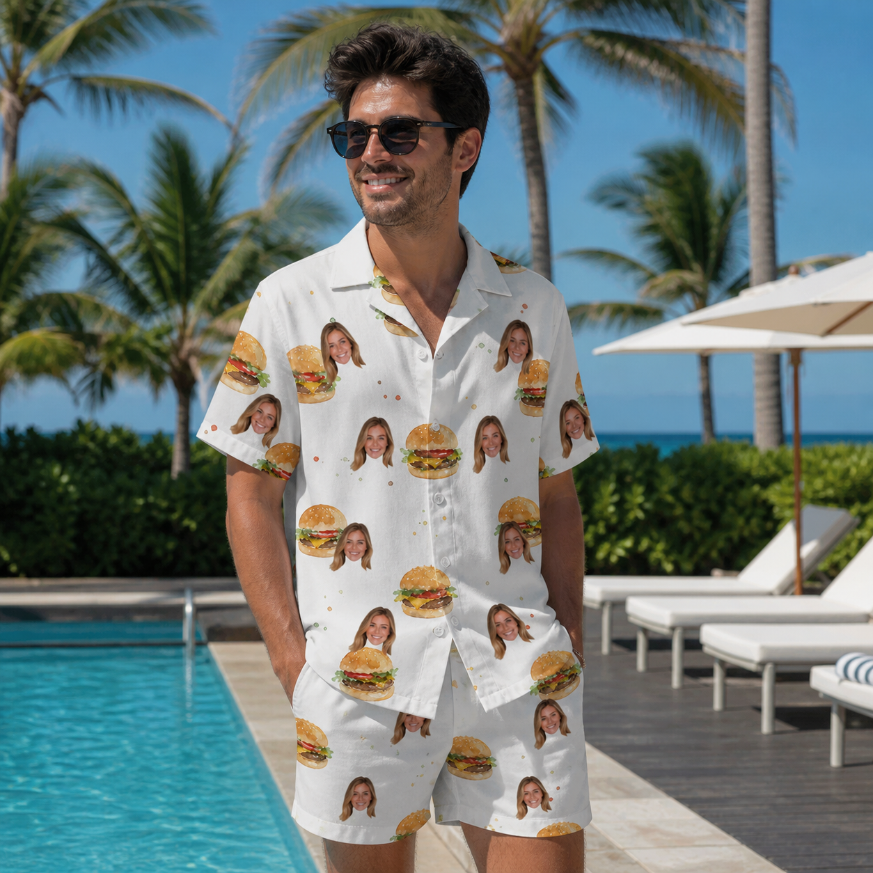 Real-life photo of someone wearing Men's Burger Banquet Custom Face Shirt & Shorts Set — custom faces printed all-over