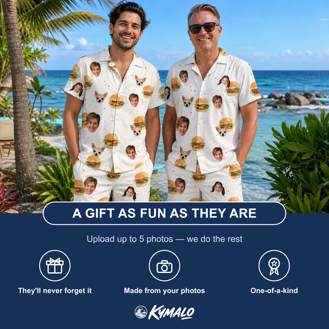 Friends in matching Men's Burger Banquet Custom Face Shirt & Shorts Set — a group gift photo