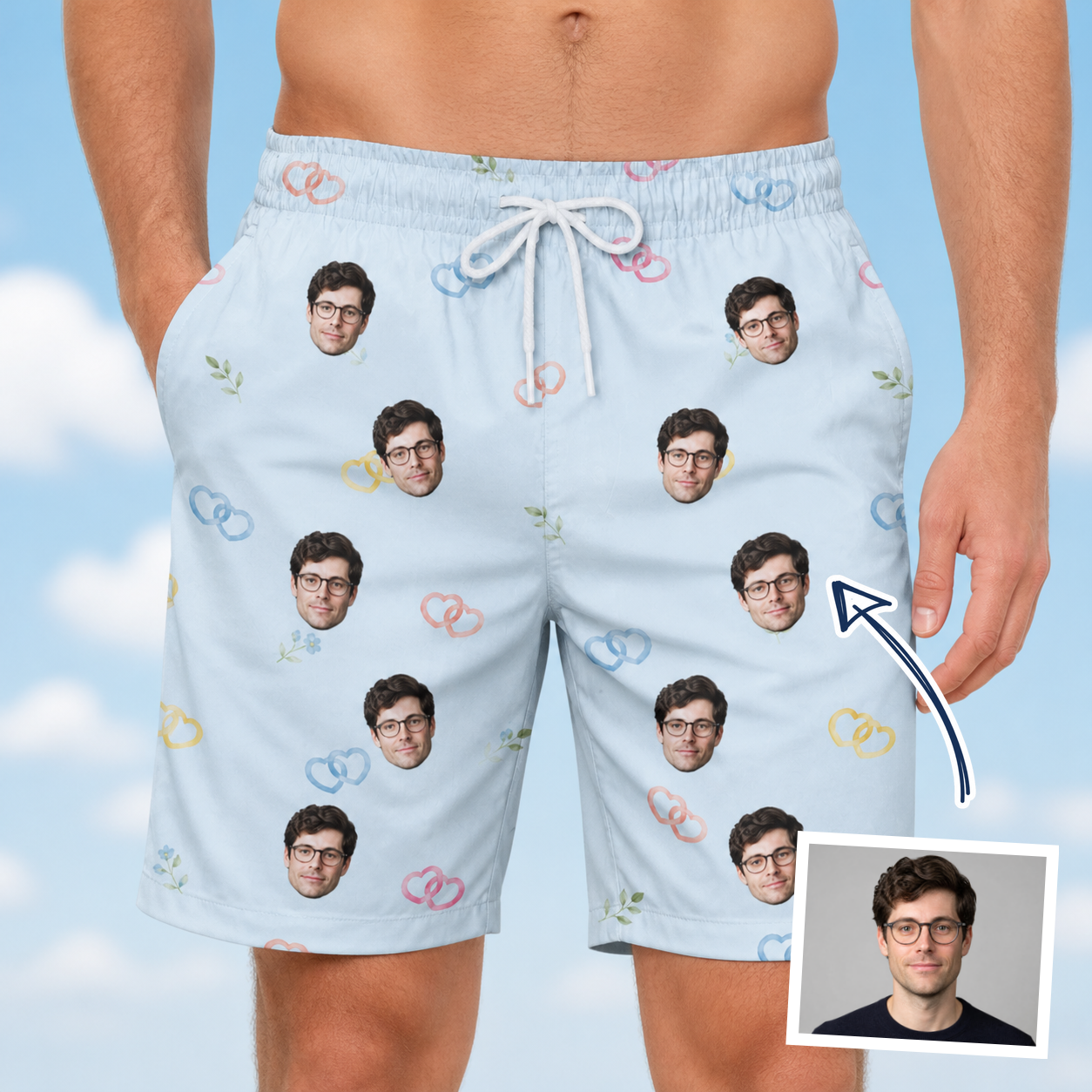 Man wearing Men's Heart Hitch Custom Face Beach Shorts — custom faces printed all-over