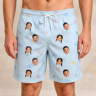 Model wearing Men's Heart Hitch Custom Face Beach Shorts printed with kids' faces