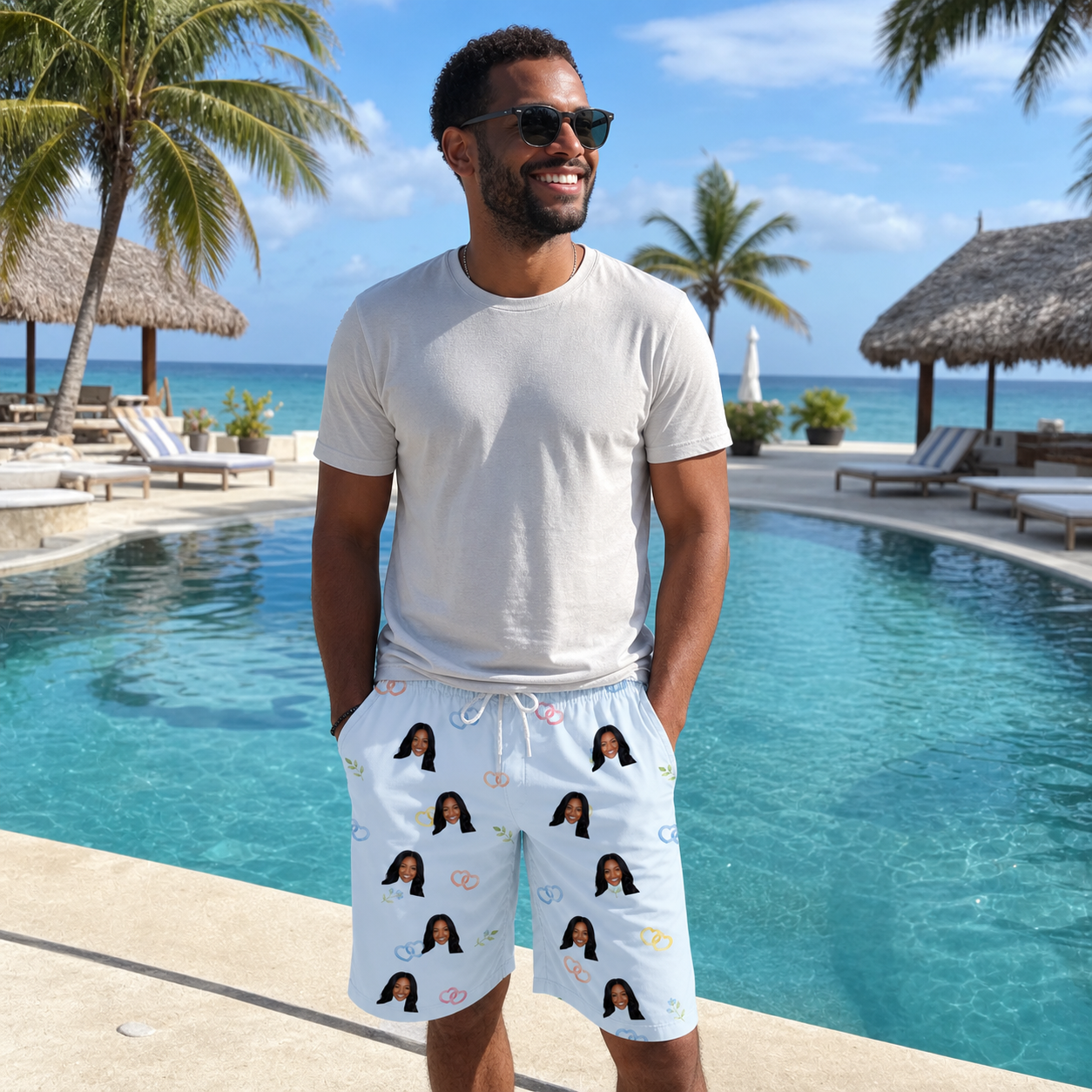 Real-life photo of someone wearing Men's Heart Hitch Custom Face Beach Shorts — custom faces printed all-over