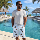 Real-life photo of someone wearing Men's Heart Hitch Custom Face Beach Shorts — custom faces printed all-over