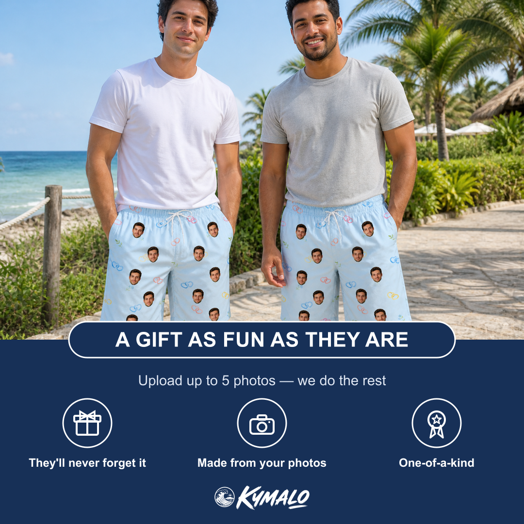 Friends in matching Men's Heart Hitch Custom Face Beach Shorts — a group gift photo