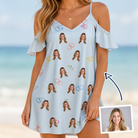 Woman wearing Women's Heart Hitch Custom Face Off-Shoulder Dress — custom faces printed all-over