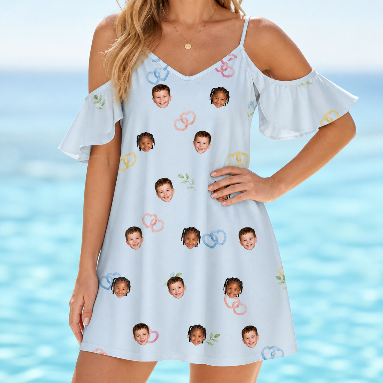 Model wearing Women's Heart Hitch Custom Face Off-Shoulder Dress printed with kids' faces
