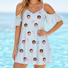 Model wearing Women's Heart Hitch Custom Face Off-Shoulder Dress printed with kids' faces