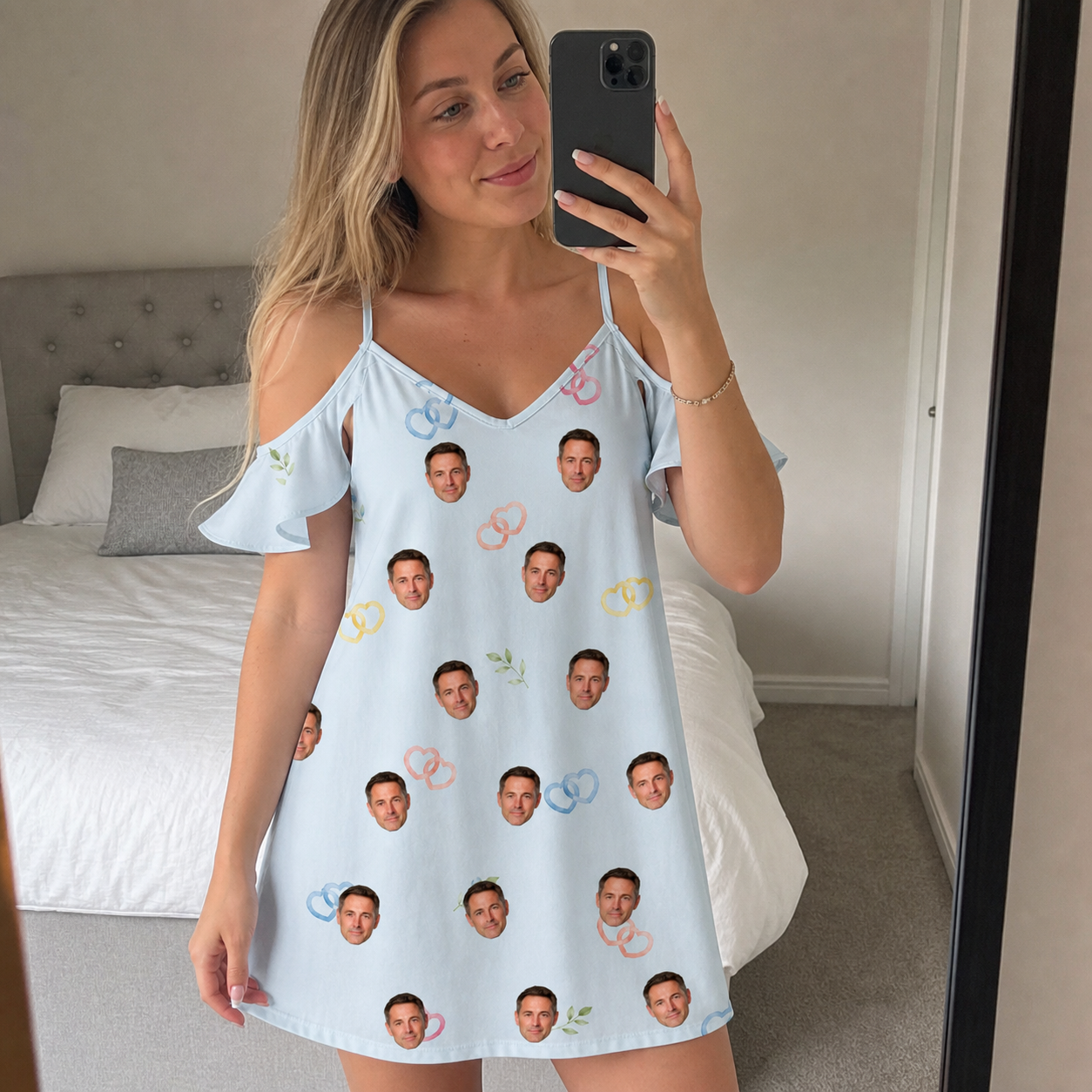 Real-life photo of someone wearing Women's Heart Hitch Custom Face Off-Shoulder Dress — custom faces printed all-over