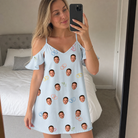 Real-life photo of someone wearing Women's Heart Hitch Custom Face Off-Shoulder Dress — custom faces printed all-over