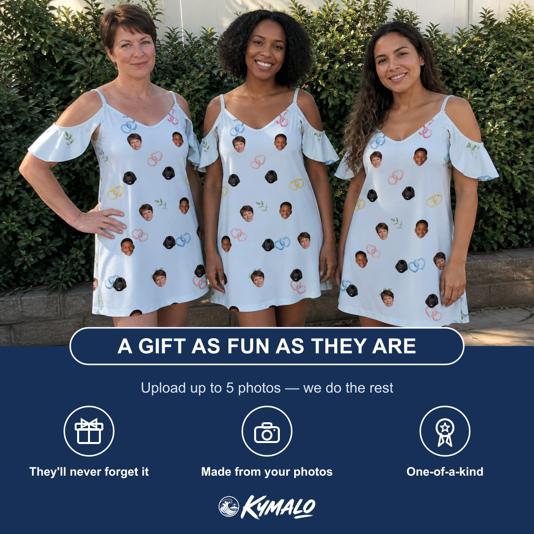 Friends in matching Women's Heart Hitch Custom Face Off-Shoulder Dress — a group gift photo