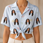 Woman wearing Women's Heart Hitch Custom Face Hawaiian Shirt tied at the waist