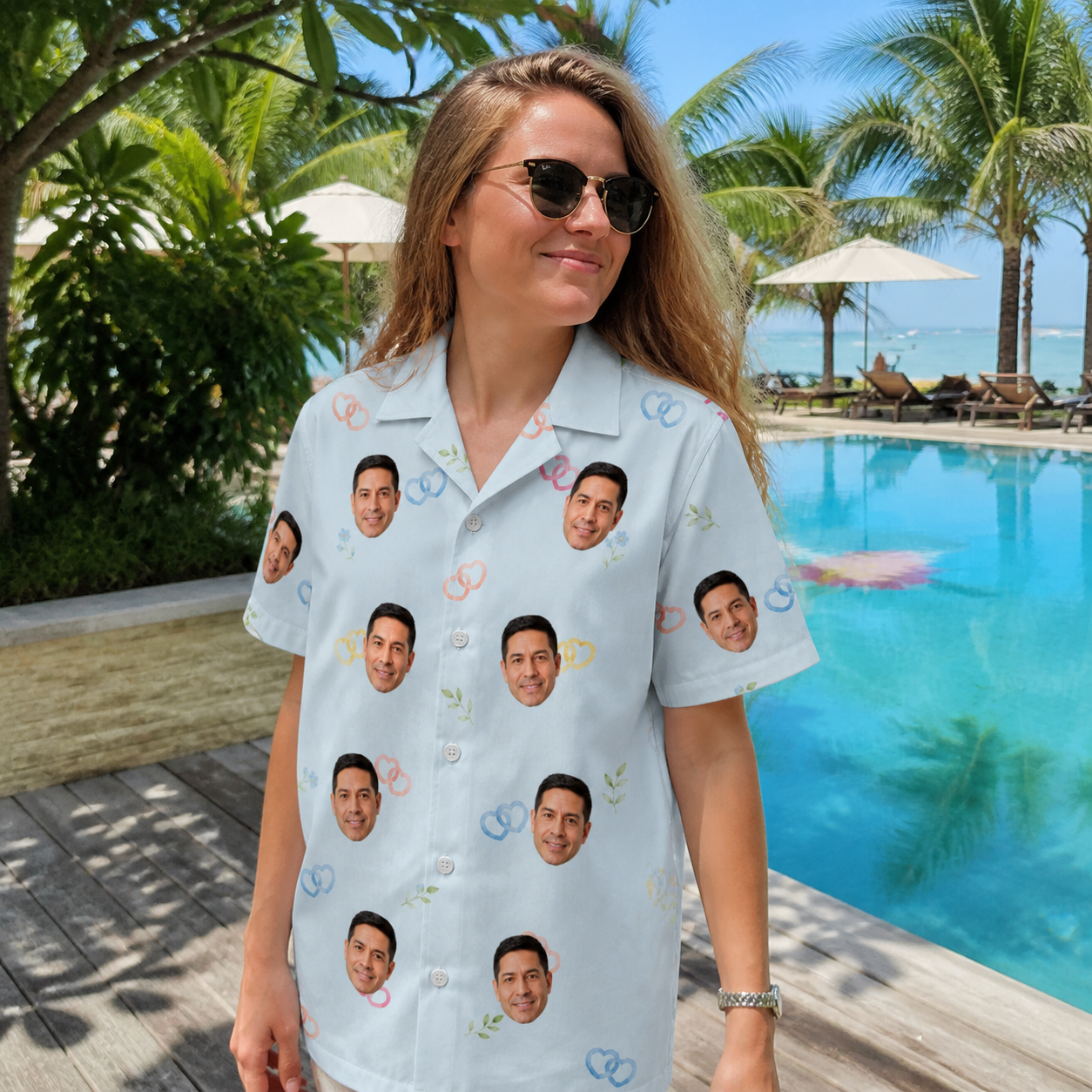 Real-life photo of someone wearing Women's Heart Hitch Custom Face Hawaiian Shirt — custom faces printed all-over