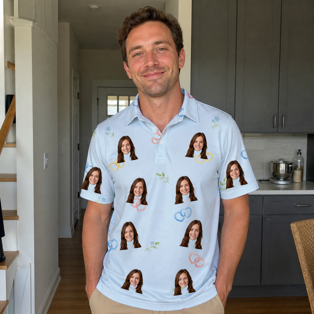 Real-life photo of someone wearing Men's Heart Hitch Custom Face Polo Shirt — custom faces printed all-over
