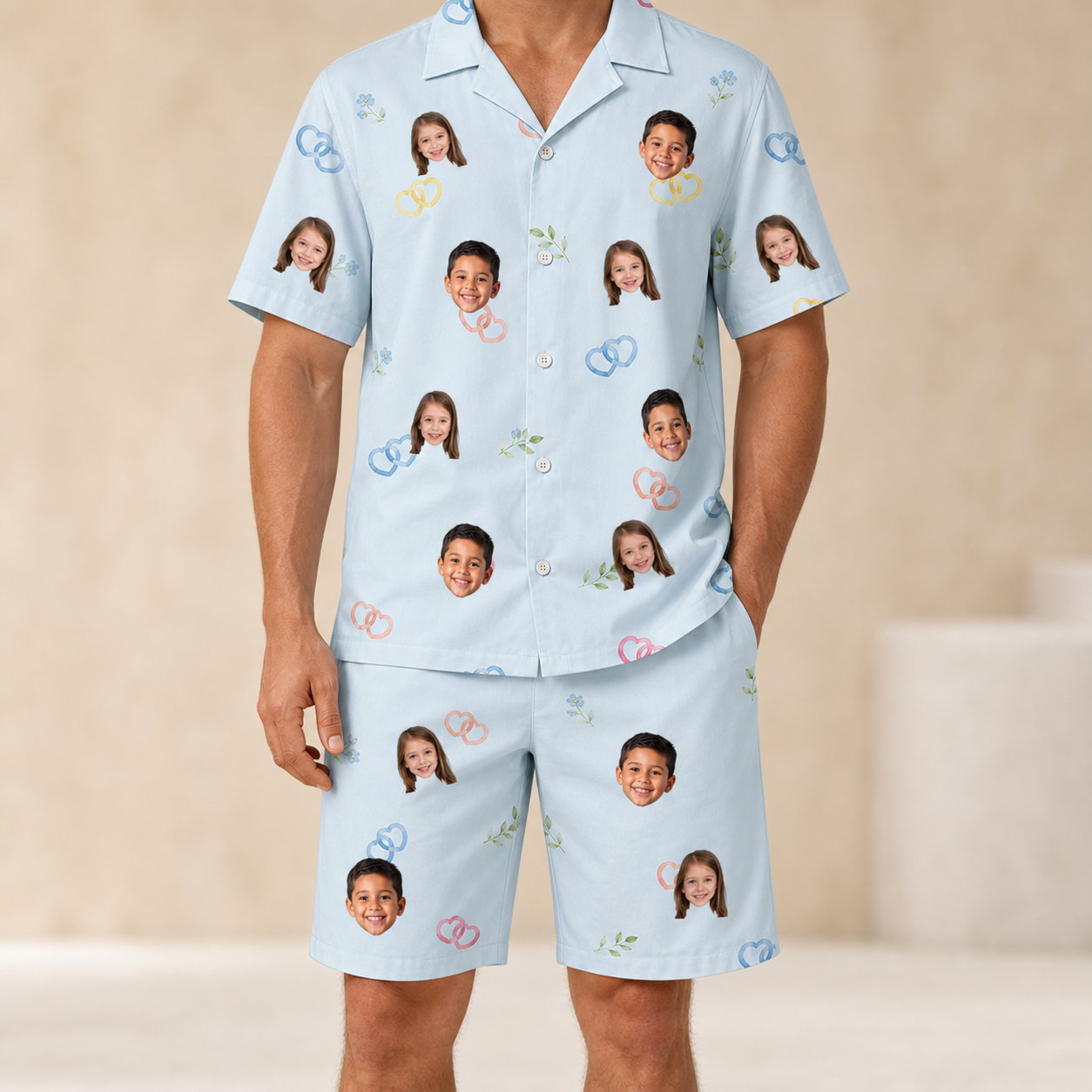 Model wearing Men's Heart Hitch Custom Face Shirt & Shorts Set printed with kids' faces