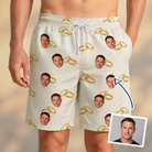 Man wearing Men's Paired Piers Custom Face Beach Shorts — custom faces printed all-over