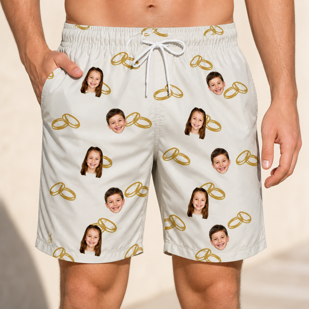 Model wearing Men's Paired Piers Custom Face Beach Shorts printed with kids' faces