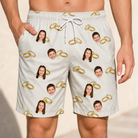 Model wearing Men's Paired Piers Custom Face Beach Shorts printed with kids' faces