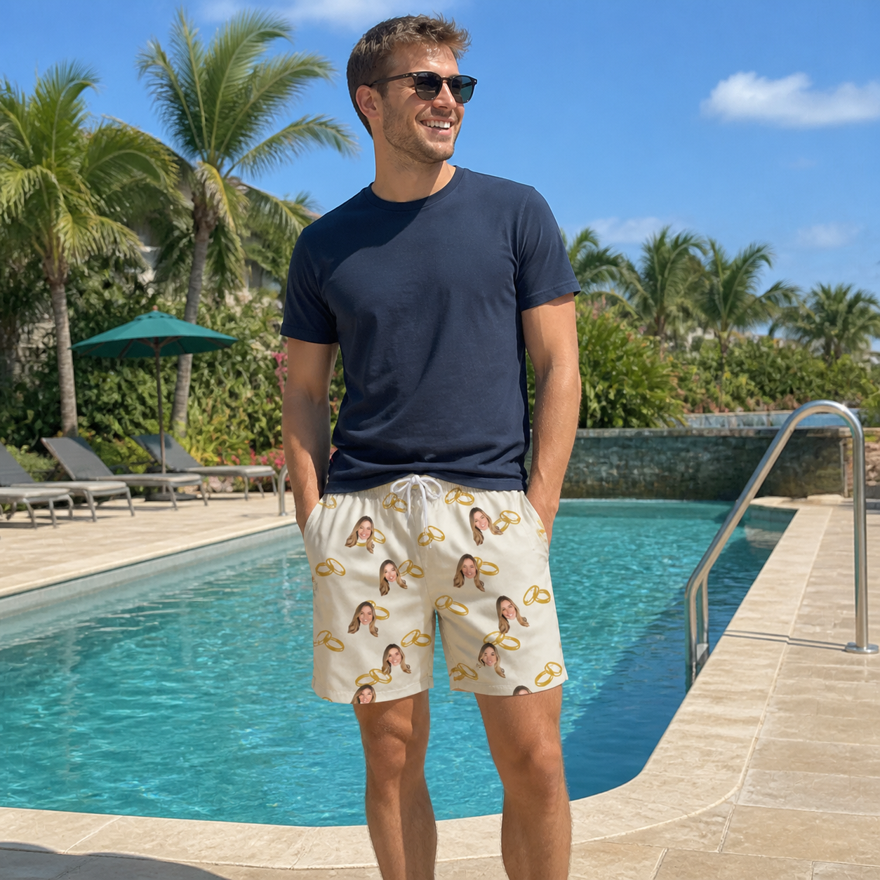 Real-life photo of someone wearing Men's Paired Piers Custom Face Beach Shorts — custom faces printed all-over