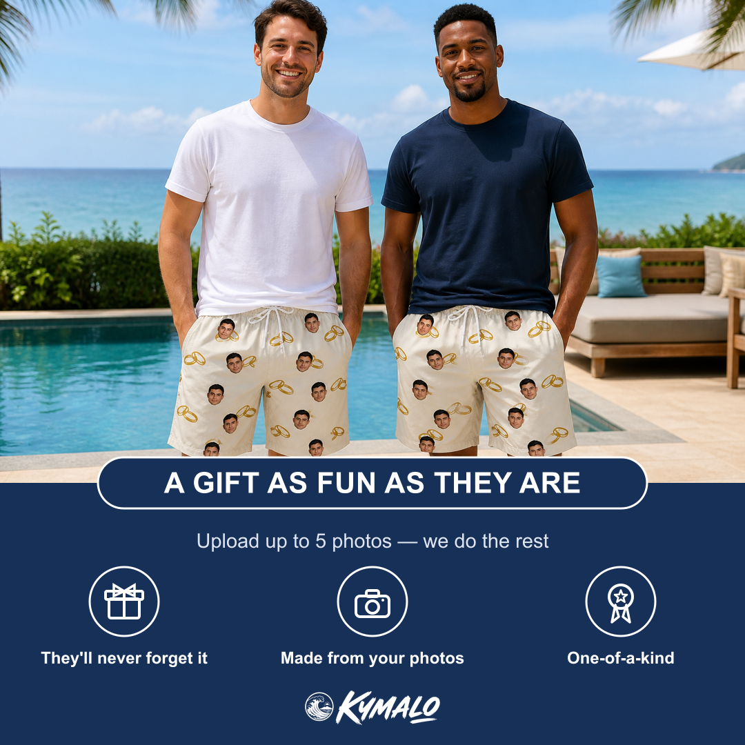 Friends in matching Men's Paired Piers Custom Face Beach Shorts — a group gift photo
