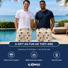 Friends in matching Men's Paired Piers Custom Face Beach Shorts — a group gift photo