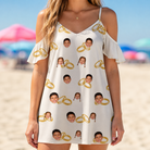 Model wearing Women's Paired Piers Custom Face Off-Shoulder Dress printed with kids' faces