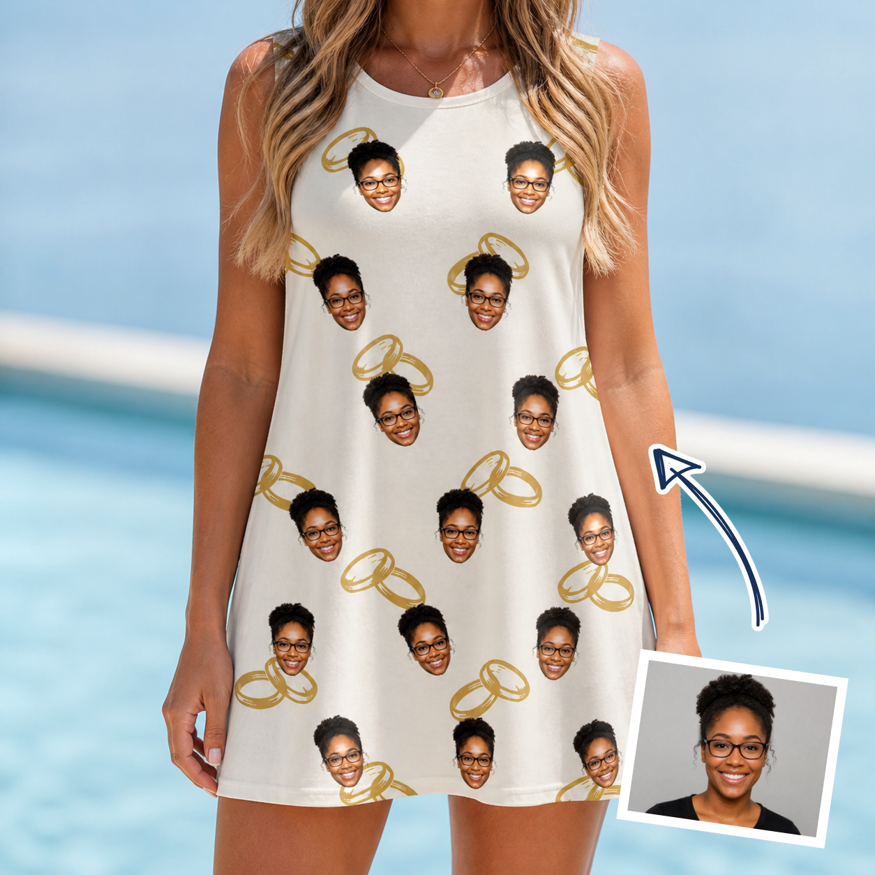Woman wearing Women's Paired Piers Custom Face Tank Dress — custom faces printed all-over