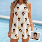 Woman wearing Women's Paired Piers Custom Face Tank Dress — custom faces printed all-over