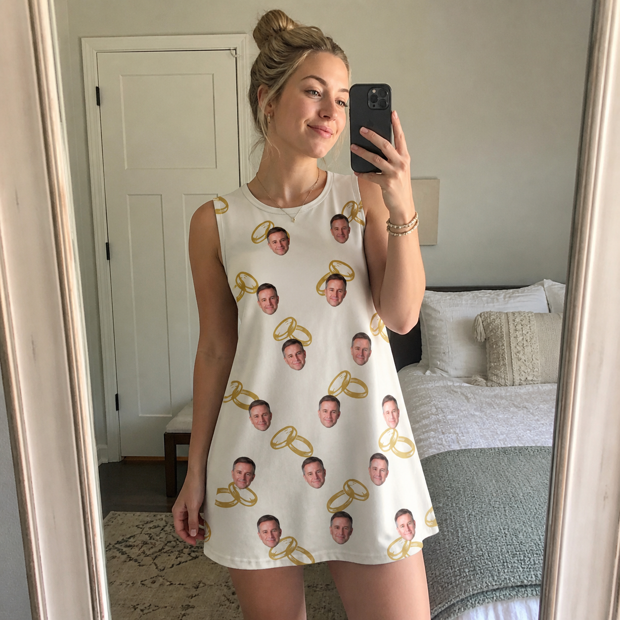 Real-life photo of someone wearing Women's Paired Piers Custom Face Tank Dress — custom faces printed all-over