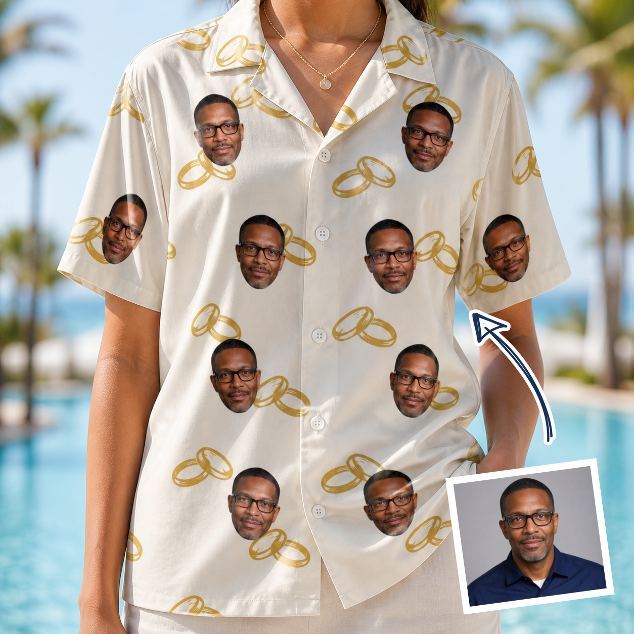 Woman wearing Women's Paired Piers Custom Face Hawaiian Shirt — custom faces printed all-over