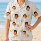 Model wearing Women's Paired Piers Custom Face Hawaiian Shirt printed with kids' faces