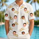 Model wearing Men's Paired Piers Custom Face Polo Shirt printed with kids' faces