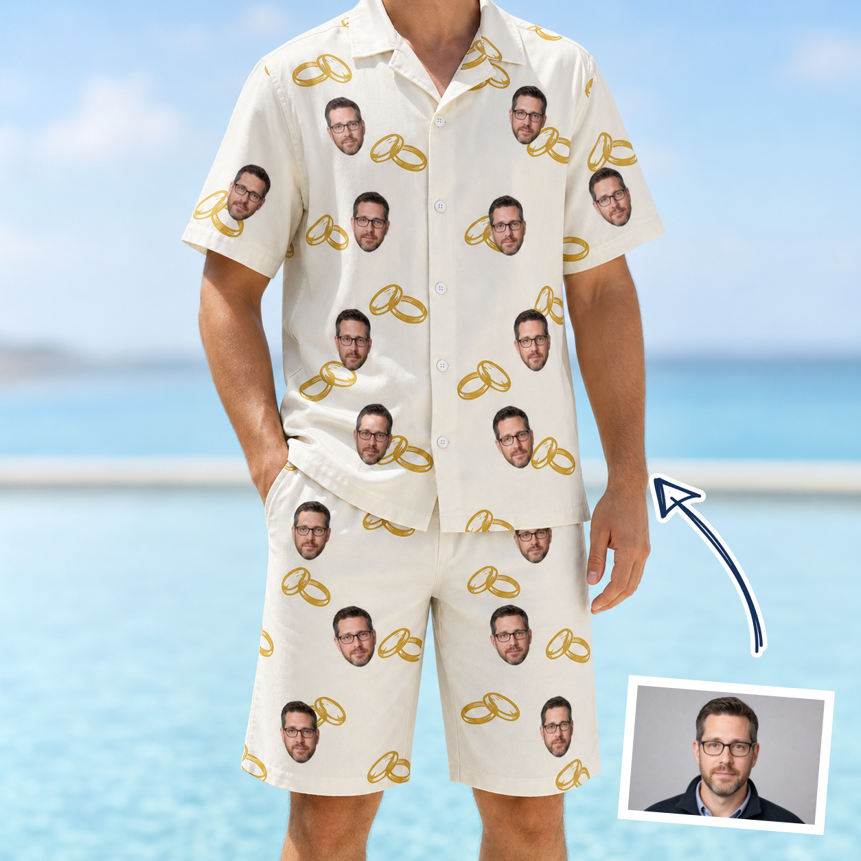 Man wearing Men's Paired Piers Custom Face Shirt & Shorts Set — custom faces printed all-over