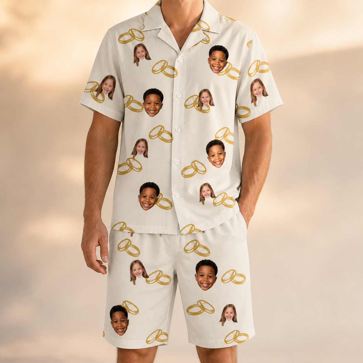 Model wearing Men's Paired Piers Custom Face Shirt & Shorts Set printed with kids' faces