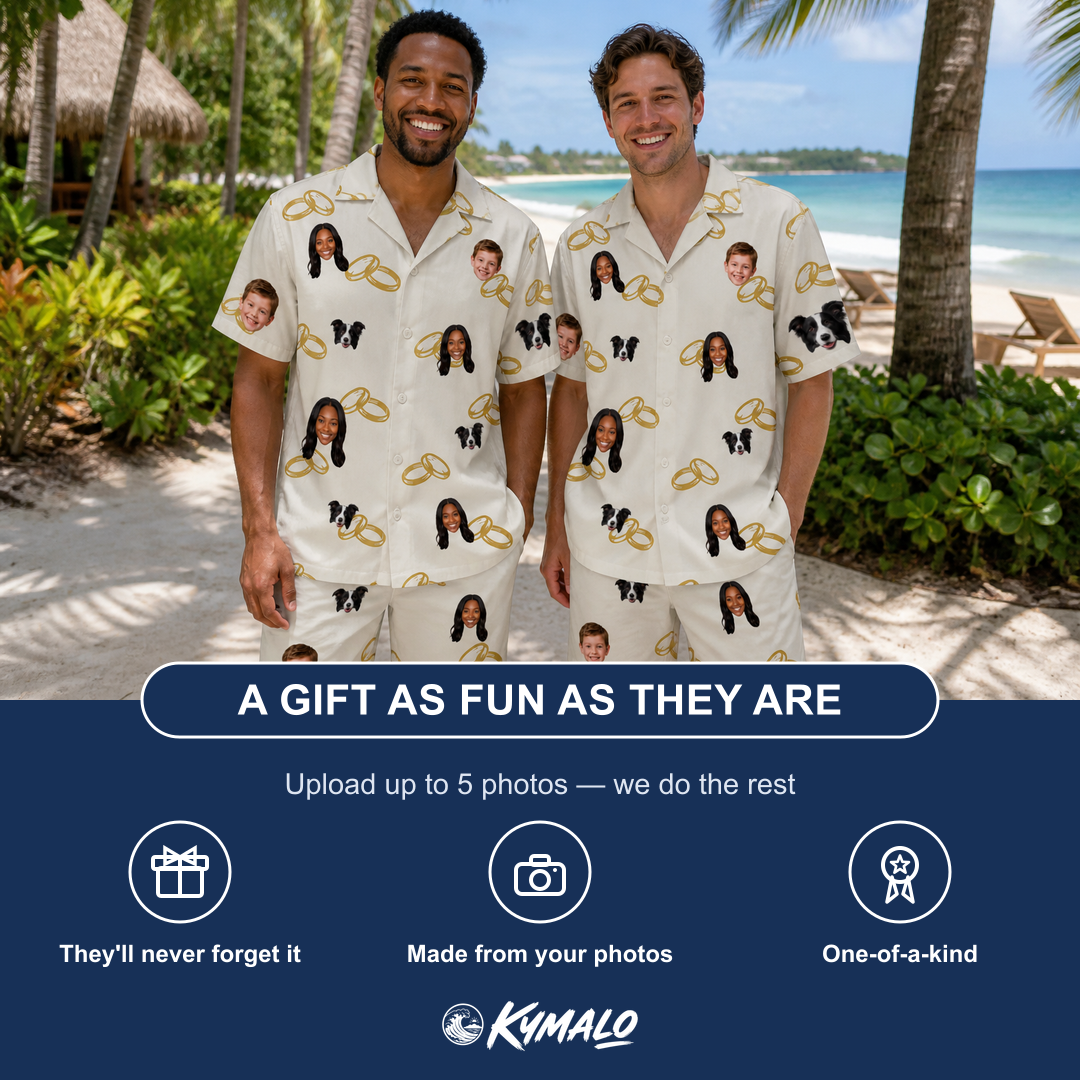 Friends in matching Men's Paired Piers Custom Face Shirt & Shorts Set — a group gift photo