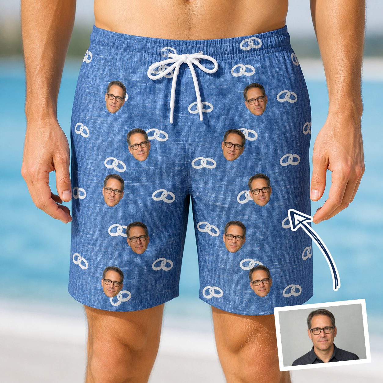 Man wearing Men's Foreshore Forever Custom Face Beach Shorts — custom faces printed all-over