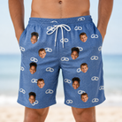 Model wearing Men's Foreshore Forever Custom Face Beach Shorts printed with kids' faces