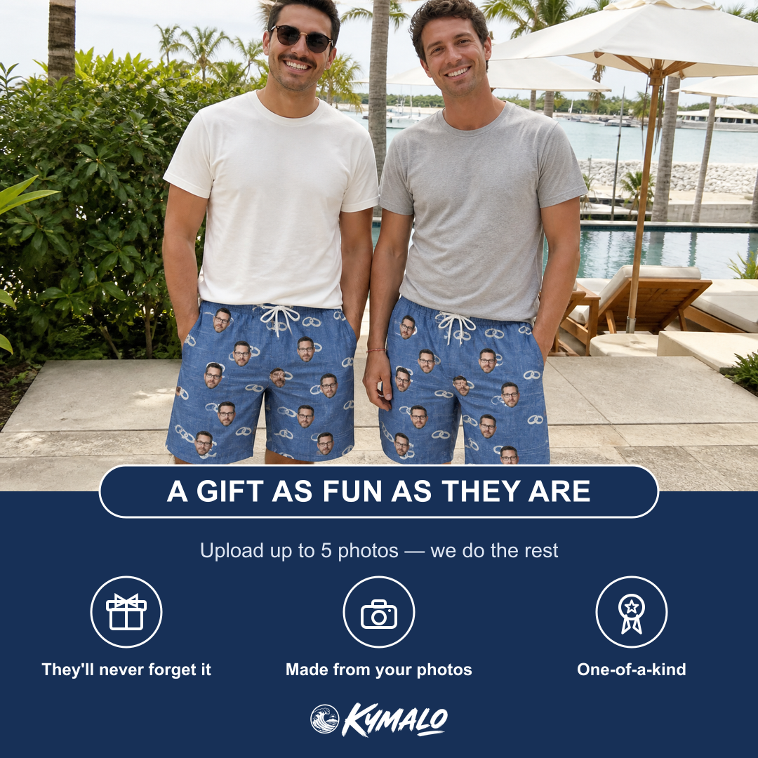 Friends in matching Men's Foreshore Forever Custom Face Beach Shorts — a group gift photo