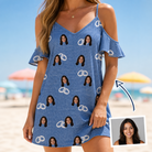 Woman wearing Women's Foreshore Forever Custom Face Off-Shoulder Dress — custom faces printed all-over