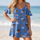 Model wearing Women's Foreshore Forever Custom Face Off-Shoulder Dress printed with kids' faces