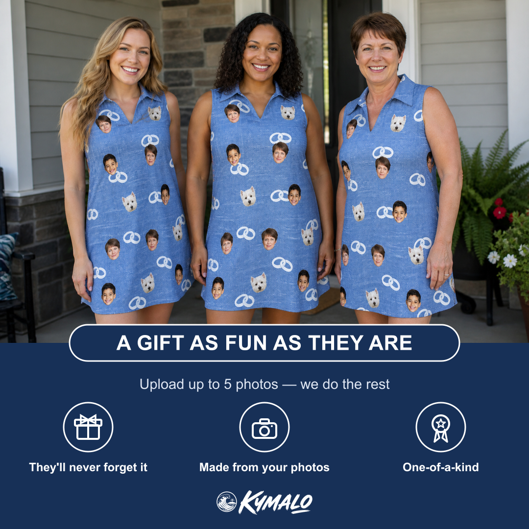 Friends in matching Women's Foreshore Forever Custom Face V-Neck Dress — a group gift photo