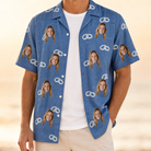 Man wearing Men's Foreshore Forever Custom Face Hawaiian Shirt open over a white tee