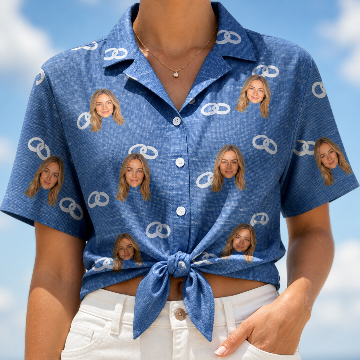 Woman wearing Women's Foreshore Forever Custom Face Hawaiian Shirt tied at the waist