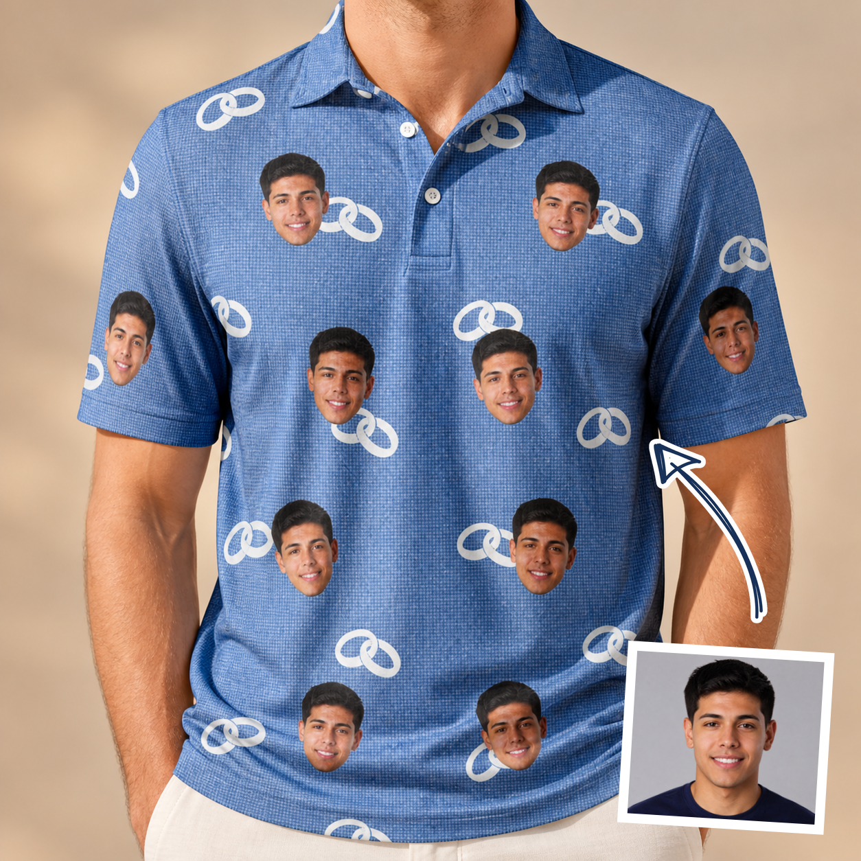 Man wearing Men's Foreshore Forever Custom Face Polo Shirt — custom faces printed all-over