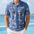 Model wearing Men's Foreshore Forever Custom Face Polo Shirt printed with kids' faces