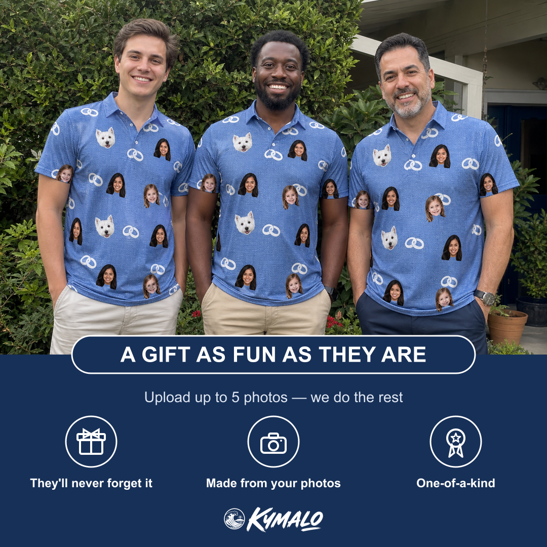Friends in matching Men's Foreshore Forever Custom Face Polo Shirt — a group gift photo