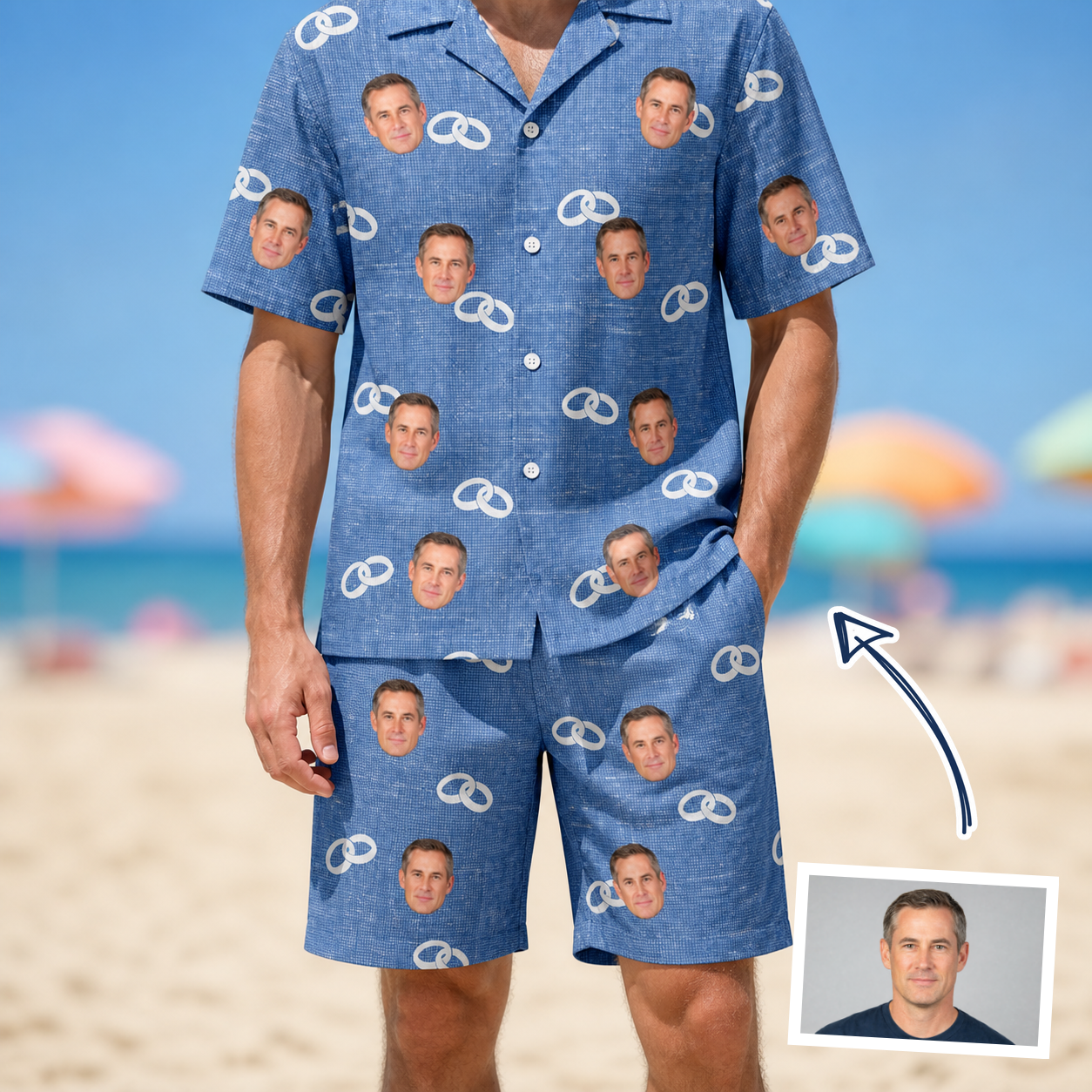Man wearing Men's Foreshore Forever Custom Face Shirt & Shorts Set — custom faces printed all-over